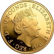 UK 50 Pounds Britannia facing left 2015 ELIZABETH II D G REG F D 50 POUNDS coin obverse UK 50 Pounds Britannia facing left 2015 ELIZABETH II D G REG F D 50 POUNDS coin obverse
