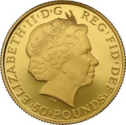 UK 50 Pounds Britannia Owl 2013 KM# 1272 ELIZABETH II D G REG FID 50 POUNDS coin obverse UK 50 Pounds Britannia Owl 2013 KM# 1272 ELIZABETH II D G REG FID 50 POUNDS coin obverse