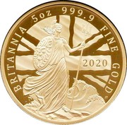 UK 500 Pounds Britannia 2020 Proof BRITANNIA 5 OZ 999.9 FINE GOLD 2020 coin reverse UK 500 Pounds Britannia 2020 Proof BRITANNIA 5 OZ 999.9 FINE GOLD 2020 coin reverse