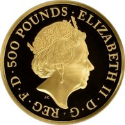 UK 500 Pounds Britannia facing left 2015 ELIZABETH II D G REG F D 500 POUNDS coin obverse UK 500 Pounds Britannia facing left 2015 ELIZABETH II D G REG F D 500 POUNDS coin obverse