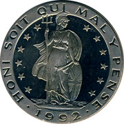 UK ECU Britannia 1992 UNC HONI SOIT QUI MAL Y PENSE 1992 coin reverse