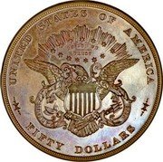 USA Fifty Dollars Pattern 1877 Judd# 1549 Copper UNITED STATES OF AMERICA IN GOD WE TRUST FIFTY DOLLARS coin reverse USA Fifty Dollars Pattern 1877 Judd# 1549 Copper UNITED STATES OF AMERICA IN GOD WE TRUST FIFTY DOLLARS coin reverse