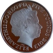 UK Five Pounds London Olympics 2012 Proof ELIZABETH II D G REG F D FIVE POUNDS 2012 IRB coin obverse UK Five Pounds London Olympics 2012 Proof ELIZABETH II D G REG F D FIVE POUNDS 2012 IRB coin obverse