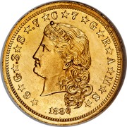 USA Four Dol. (1880 Stella Pattern) ★6★G★.3★S★.7★C★7★G★R★A★M★S★ LIBERTY 1880 coin obverse USA Four Dol. (1880 Stella Pattern) ★6★G★.3★S★.7★C★7★G★R★A★M★S★ LIBERTY 1880 coin obverse