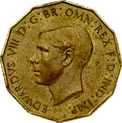 UK Three Pence Edward VIII 1937 KM# Pn126 EDWARDVS VIII D G BR OMN REX F D IND IMP coin obverse UK Three Pence Edward VIII 1937 KM# Pn126 EDWARDVS VIII D G BR OMN REX F D IND IMP coin obverse