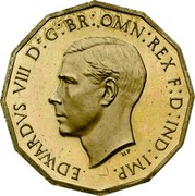 UK Three Pence Edward VIII 1937 KM# Pn125 EDWARDVS VIII D G BR OMN REX F D IND IMP HP coin obverse UK Three Pence Edward VIII 1937 KM# Pn125 EDWARDVS VIII D G BR OMN REX F D IND IMP HP coin obverse