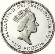 UK Two Pounds 300th Anniversary Bank of England (Piedfort) 1994 Proof KM# P19 ELIZABETH∙II∙DEI∙GRATIA∙REGINA∙F∙D ∙ TWO POUNDS ∙ RDM coin obverse