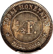Belgium 1/2 Franc Leopold I. Pattern 1859 KM# Pn54 ESSAI MONETAIRE 1/2 FC TITRE 0,850 coin reverse Belgium 1/2 Franc Leopold I. Pattern 1859 KM# Pn54 ESSAI MONETAIRE 1/2 FC TITRE 0,850 coin reverse