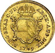 Belgium 1/2 Souverain D'or Maria Theresa 1749 (h) R KM# 9 ARCH AUS DUX BURG BRAB C FL 1749 coin reverse Belgium 1/2 Souverain D'or Maria Theresa 1749 (h) R KM# 9 ARCH AUS DUX BURG BRAB C FL 1749 coin reverse