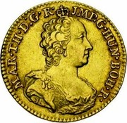 Belgium 1/2 Souverain D'or Maria Theresia 1756 (h) R KM# 17 MAR TH D G R JMP.G HUN BOH R coin obverse Belgium 1/2 Souverain D'or Maria Theresia 1756 (h) R KM# 17 MAR TH D G R JMP.G HUN BOH R coin obverse