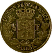 Belgium 1/4 Franc Leopold I 1850 KM# 14 L'UNION FAIT LA FORCE 1/4 F 1850 coin reverse Belgium 1/4 Franc Leopold I 1850 KM# 14 L'UNION FAIT LA FORCE 1/4 F 1850 coin reverse