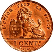 Belgium 1 Centime KM# 33.2 Decimal Coinage L'UNION FAIT LA FORCE CONSTITUTION BELGE 1831 1 CENTE BRAEMT F. coin reverse Belgium 1 Centime KM# 33.2 Decimal Coinage L'UNION FAIT LA FORCE CONSTITUTION BELGE 1831 1 CENTE BRAEMT F. coin reverse