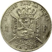 Belgium 1 Franc Leopold II 1886 KM# 28.2 L' UNION FAIT LA FORCE 1 F 18 86 coin reverse Belgium 1 Franc Leopold II 1886 KM# 28.2 L' UNION FAIT LA FORCE 1 F 18 86 coin reverse