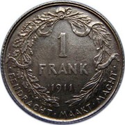 Belgium 1 Franc 1911 KM# 73.1 Decimal Coinage 1 FRANK 1910 EENDRACHT MAAKT MACHT coin reverse Belgium 1 Franc 1911 KM# 73.1 Decimal Coinage 1 FRANK 1910 EENDRACHT MAAKT MACHT coin reverse