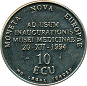 Belgium 10 ECU Museum of medicine 1994 UNC MONETA NOVA EUROPAE AD USUM INAUGURATIONIS MUSEI MEDICINAE 20 XII 1994 10 ECU NO LEGAL TENDER coin reverse Belgium 10 ECU Museum of medicine 1994 UNC MONETA NOVA EUROPAE AD USUM INAUGURATIONIS MUSEI MEDICINAE 20 XII 1994 10 ECU NO LEGAL TENDER coin reverse