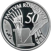 Belgium 10 Euro 50 Years Treaty of Rome 2007 Proof KM# 260 PACTUM ROMANUM LL 50 coin reverse Belgium 10 Euro 50 Years Treaty of Rome 2007 Proof KM# 260 PACTUM ROMANUM LL 50 coin reverse