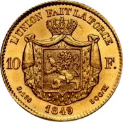 Belgium 10 Francs Leopold I 1849 KM# 18 L'UNION FAIT LA FORCE 10F. 3,106 1849 900/M coin reverse Belgium 10 Francs Leopold I 1849 KM# 18 L'UNION FAIT LA FORCE 10F. 3,106 1849 900/M coin reverse