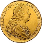 Belgium 10 Souverains Franz I 1751 main (fr) Anvers KM# Pn1 FRANC D G R I S A GE IER R LO B M H D coin obverse Belgium 10 Souverains Franz I 1751 main (fr) Anvers KM# Pn1 FRANC D G R I S A GE IER R LO B M H D coin obverse