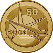Belgium 100 Euro 50th Anniversary of Brussels Exposition 2008 Proof KM# 272 50 EXPO 58 coin reverse Belgium 100 Euro 50th Anniversary of Brussels Exposition 2008 Proof KM# 272 50 EXPO 58 coin reverse