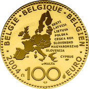 Belgium 100 Euro European Union Enlargement 2004 KM# 239 100 EURO 2004 BELGIE BELGIQUE BELGIEN EESTI LATVIJA LIETUVA POLSKA CEŠKA REP. SLOVENSKO MAGYARORSZAG SLOVENIJA MALTA CYPRUS coin obverse Belgium 100 Euro European Union Enlargement 2004 KM# 239 100 EURO 2004 BELGIE BELGIQUE BELGIEN EESTI LATVIJA LIETUVA POLSKA CEŠKA REP. SLOVENSKO MAGYARORSZAG SLOVENIJA MALTA CYPRUS coin obverse