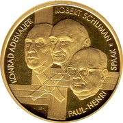 Belgium 100 Euro Founding Fathers of Europe 2002 Proof KM# 237 KONRAD ADENAUER ROBERT SCHUMAN PAUL HENRI SPAAK coin obverse Belgium 100 Euro Founding Fathers of Europe 2002 Proof KM# 237 KONRAD ADENAUER ROBERT SCHUMAN PAUL HENRI SPAAK coin obverse