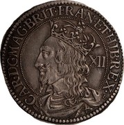 UK 12 Shillings Charles I ND KM# 82 CAR · D : G · MAG · BRIT · FRAN · ET · HIB · REX · coin obverse UK 12 Shillings Charles I ND KM# 82 CAR · D : G · MAG · BRIT · FRAN · ET · HIB · REX · coin obverse