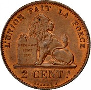 Belgium 2 Centimes 1870 KM# 35.1 Decimal Coinage L'UNION FAIT LA FORCE CONSTITUTION BELGE 1831 * 2 CENTS BRAEMT.F coin reverse