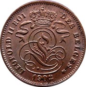 Belgium 2 Centimes 1902 KM# 35.2 Decimal Coinage LEOPOLD II ROI DES BELGES 1902 coin obverse Belgium 2 Centimes 1902 KM# 35.2 Decimal Coinage LEOPOLD II ROI DES BELGES 1902 coin obverse