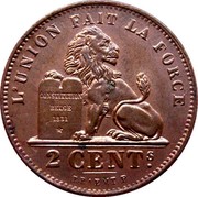 Belgium 2 Centimes 1902 KM# 35.2 Decimal Coinage L'UNION FAIT LA FORCE CONSTITUTION BELGE 1831 2 CENTS. BRAEMT.F coin reverse Belgium 2 Centimes 1902 KM# 35.2 Decimal Coinage L'UNION FAIT LA FORCE CONSTITUTION BELGE 1831 2 CENTS. BRAEMT.F coin reverse