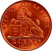 Belgium 2 Centimes Albert I 1912 KM# 64 L'UNION FAIT LA FORCE CONSTITUTION BELGE 1831 * 2 CENTS BRAEMT F. coin reverse