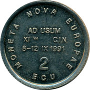 Belgium 2 ECU 150th Anniversary of the Royal Belgian Numismatic Society 1991 UNC MONETA NOVA EUROPEA 2 ECU AD USUM XI C I N 8-12 IX 1991 coin obverse Belgium 2 ECU 150th Anniversary of the Royal Belgian Numismatic Society 1991 UNC MONETA NOVA EUROPEA 2 ECU AD USUM XI C I N 8-12 IX 1991 coin obverse