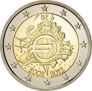 Belgium 2 Euro 10 Years of Euro Banknotes and Coins 2012 KM# 315 BE A. H. € 2002 2012 coin obverse Belgium 2 Euro 10 Years of Euro Banknotes and Coins 2012 KM# 315 BE A. H. € 2002 2012 coin obverse