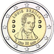Belgium 2 Euro 200th Anniversary of the Birth of Louis Braille 2009 KM# 288 LOUIS BRAILLE 1809 BE 2009 coin obverse Belgium 2 Euro 200th Anniversary of the Birth of Louis Braille 2009 KM# 288 LOUIS BRAILLE 1809 BE 2009 coin obverse