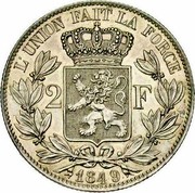 Belgium 2 Francs 1849 KM# 10 Decimal Coinage L'UNION FAIT LA FORCE 2 F 1849 coin reverse Belgium 2 Francs 1849 KM# 10 Decimal Coinage L'UNION FAIT LA FORCE 2 F 1849 coin reverse