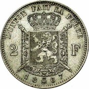Belgium 2 Francs 1867 KM# 30.2 Decimal Coinage L'UNION FAIT LA FORCE 2 F 18 67 coin reverse