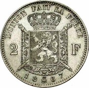 Belgium 2 Francs Leopold II 1867 KM# 30.1 L'UNION FAIT LA FORCE 2 F 18 67 coin reverse
