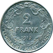 Belgium 2 Francs 1912 KM# 75 Decimal Coinage 2 FRANK 1911 EENDRACHT MAAKT MACHT coin reverse Belgium 2 Francs 1912 KM# 75 Decimal Coinage 2 FRANK 1911 EENDRACHT MAAKT MACHT coin reverse