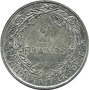 Belgium 2 Francs 1912 KM# 74 Decimal Coinage 2 FRANCS 1911 L'UNION FAIT LA FORCE coin reverse Belgium 2 Francs 1912 KM# 74 Decimal Coinage 2 FRANCS 1911 L'UNION FAIT LA FORCE coin reverse