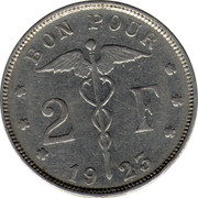 Belgium 2 Francs 1923 KM# 91.2 Decimal Coinage BON POUR 2 F 19 23 coin reverse Belgium 2 Francs 1923 KM# 91.2 Decimal Coinage BON POUR 2 F 19 23 coin reverse