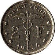 Belgium 2 Francs 1924 KM# 92 Decimal Coinage GOED VOOR 2 F 19 23 coin reverse Belgium 2 Francs 1924 KM# 92 Decimal Coinage GOED VOOR 2 F 19 23 coin reverse