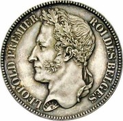 Belgium 2 Francs KM# 9.1 Decimal Coinage LEOPOLD PREMIER ROI DES BELGES BRAEMT F. coin obverse Belgium 2 Francs KM# 9.1 Decimal Coinage LEOPOLD PREMIER ROI DES BELGES BRAEMT F. coin obverse