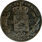 Belgium 20 Centimes 1858 KM# 19 Decimal Coinage L'UNION FAIT LA FORCE 20 CES. 1858 coin reverse Belgium 20 Centimes 1858 KM# 19 Decimal Coinage L'UNION FAIT LA FORCE 20 CES. 1858 coin reverse