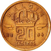 Belgium 20 Centimes 1954 KM# 147.2 Decimal Coinage 20 CENTIMES BELGIE 19 54 coin reverse Belgium 20 Centimes 1954 KM# 147.2 Decimal Coinage 20 CENTIMES BELGIE 19 54 coin reverse
