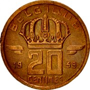 Belgium 20 Centimes 1959 KM# 146 Decimal Coinage BELGIQUE 19 20 CENTIMES 59 coin reverse Belgium 20 Centimes 1959 KM# 146 Decimal Coinage BELGIQUE 19 20 CENTIMES 59 coin reverse