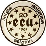 Belgium 20 ECU 40th Year of Reign of King Baudouin 1991 (qp) Proof KM# 182 BELGIË BELGIQUE 20 ECU 1991 Q P BELGIEN coin reverse Belgium 20 ECU 40th Year of Reign of King Baudouin 1991 (qp) Proof KM# 182 BELGIË BELGIQUE 20 ECU 1991 Q P BELGIEN coin reverse