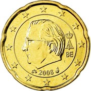 Belgium 20 Euro Cent Albert II - 2nd map - 2nd type - 2nd portrait 2008 Proof KM# 278 A II BE 2008 coin obverse Belgium 20 Euro Cent Albert II - 2nd map - 2nd type - 2nd portrait 2008 Proof KM# 278 A II BE 2008 coin obverse