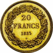 Belgium 20 Francs 1835 Restrike KM# A23.2 Decimal Coinage 20 FRANCS 1835 coin reverse Belgium 20 Francs 1835 Restrike KM# A23.2 Decimal Coinage 20 FRANCS 1835 coin reverse