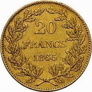 Belgium 20 Francs Leopold I 1865 L. WIENER KM# 23 20 FRANCS 1865 coin reverse Belgium 20 Francs Leopold I 1865 L. WIENER KM# 23 20 FRANCS 1865 coin reverse