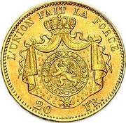 Belgium 20 Francs 1867 KM# 32 Decimal Coinage L' UNION FAIT LA FORCE 20 FR. coin reverse Belgium 20 Francs 1867 KM# 32 Decimal Coinage L' UNION FAIT LA FORCE 20 FR. coin reverse