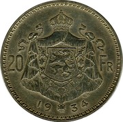 Belgium 20 Francs 1934 KM# 104.2 Decimal Coinage 20 FR G. D 19 34 coin reverse Belgium 20 Francs 1934 KM# 104.2 Decimal Coinage 20 FR G. D 19 34 coin reverse